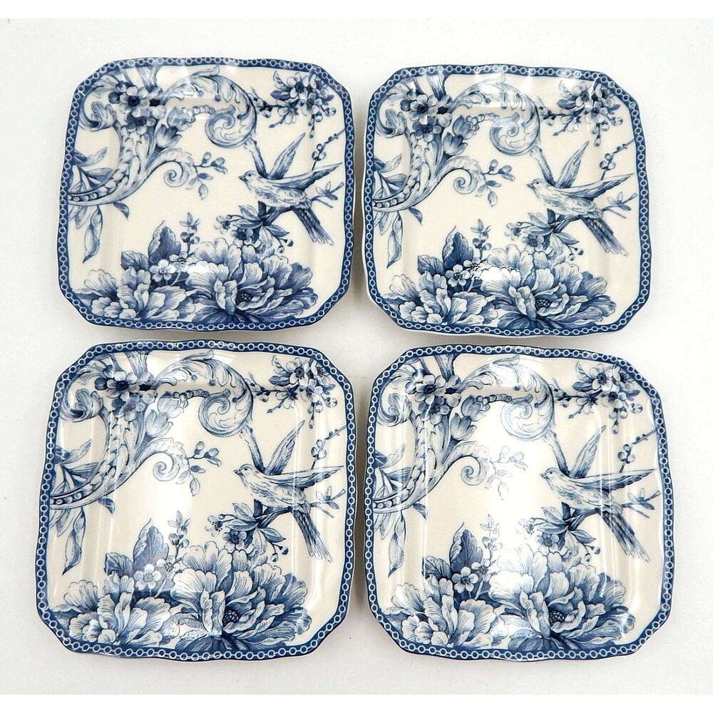 222 Fifth ADELAIDE Square Blue Dessert Butter Plate 6" Toile 4PC Bird Floral